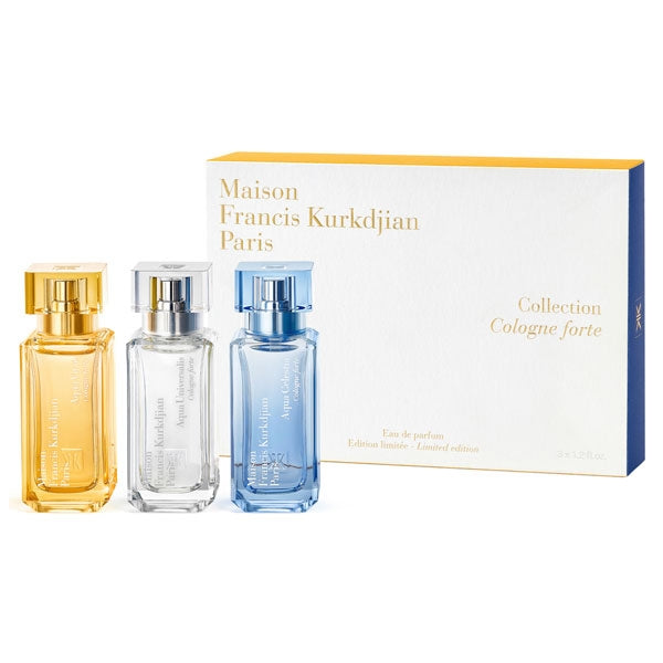 Maison Francis Kurkdjian Paris - Aqua Cologne Forte Coffret mit drei eleganten Parfümflakons in Gelb, Transparent und Blau