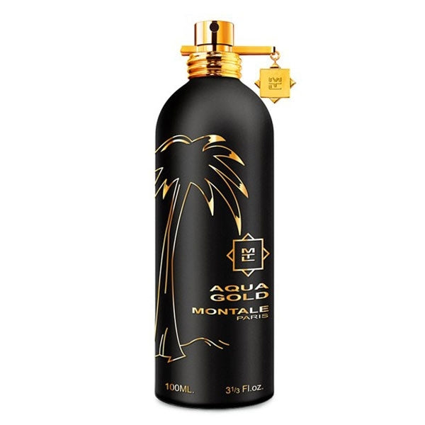 Montale - Aqua Gold Parfumflakon in mattschwarzem Design mit goldener Palmenverzierung vor weißem Hintergrund