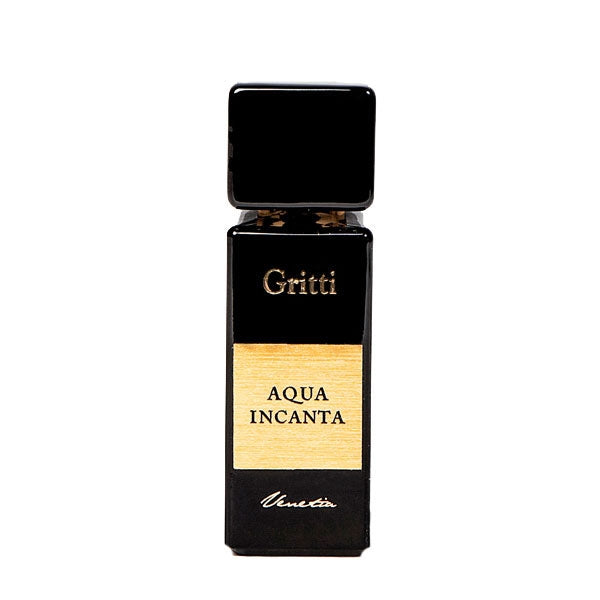 Gritti - Black Collection - Aqua Incanta Parfumflakon mit elegantem schwarzem Design und hellem goldfarbenem Etikett