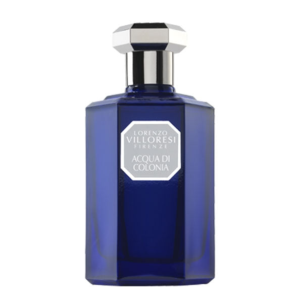 Lorenzo Villoresi - Acqua di Colonia Parfumflakon in tiefblauem Glas mit facettiertem silbernem Verschluss vor weißem Hintergrund