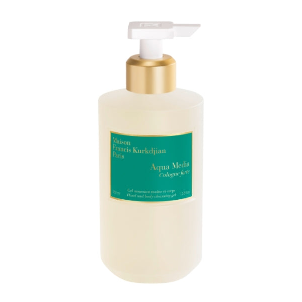 Maison Francis Kurkdjian Paris - Aqua Media - Hand & Body Cleansing Gel in weißem Pumpspender mit grünem Etikett und goldenem Ring