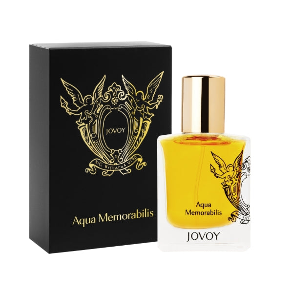 Jovoy - Aqua Memorabilis eleganter Flakon mit goldfarbenem Verschluss neben schwarzer Verpackung mit goldenem Wappen