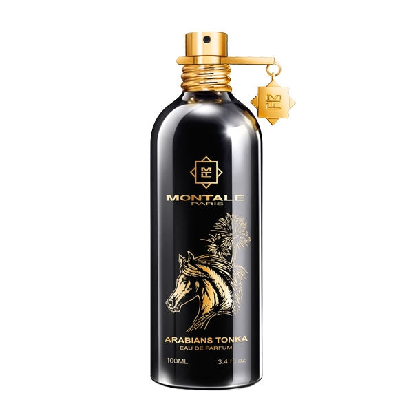 Montale - Arabians Tonka Parfumflakon in schwarzem Metall mit goldfarbenem Sprühkopf und Pferdemotiv vor weißem Hintergrund