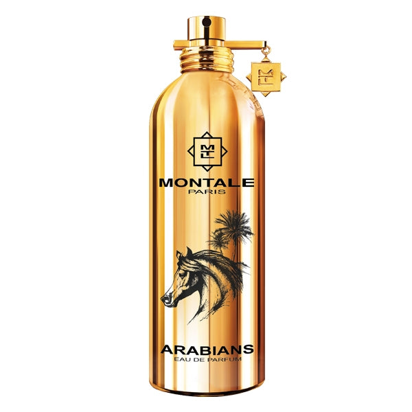Montale - Arabians Parfumflakon in goldenem Design mit Pferdeillustration und Palmenmotiv vor weißem Hintergrund