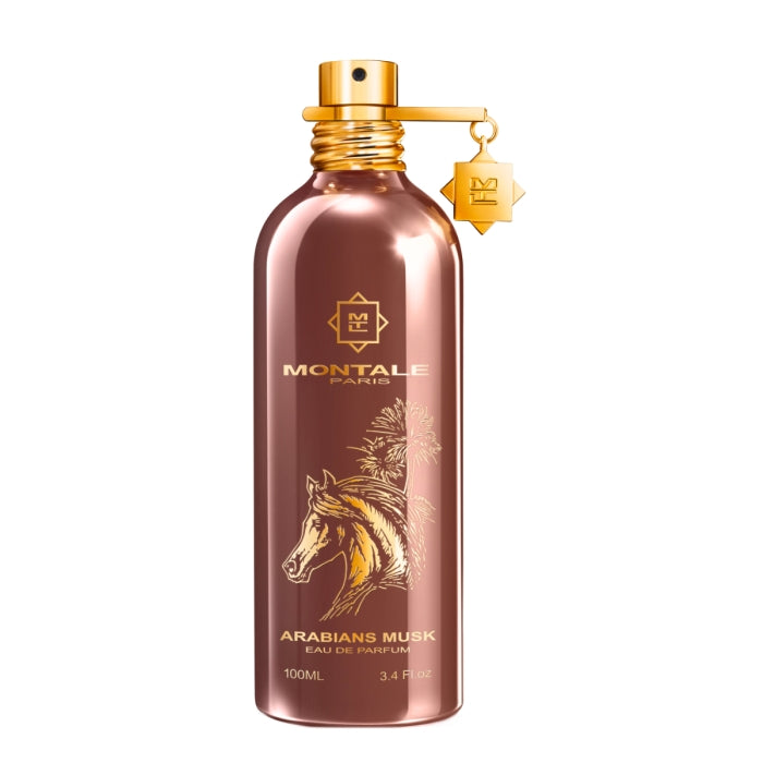 Montale - Arabians Musk Flakon in metallischem Braun mit goldenem Verschluss und arabischem Pferdemotiv vor weißem Hintergrund