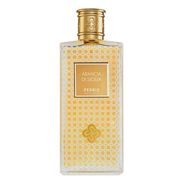 Perris Monte Carlo - Italian Line - Arancia di Sicilia Parfumflakon mit bernsteinfarbener Flüssigkeit und goldfarbenem Verschluss vor weißem Hintergrund
