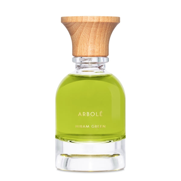 Hiram Green - Arbolé Parfumflakon mit grünem Duft und Holzverschluss vor weißem Hintergrund