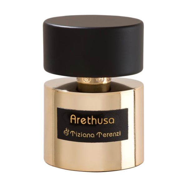 Tiziana Terenzi - Arethusa Parfumflakon in glänzendem Gold mit schwarzem Deckel und elegantem Schriftzug