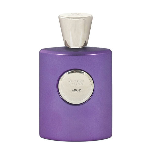 Giardino Benessere - Arge Parfumflakon in mattem Violett mit silbernem Verschluss und elegantem Medaillon vor weißem Hintergrund