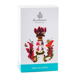 Carthusia - Aria di Capri Verpackung mit farbenfrohem Motiv und türkisfarbenem Akzent für mediterrane Frische