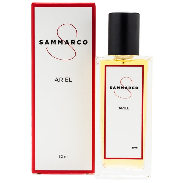 Sammarco - Ariel klarer Flakon mit schwarzem Verschluss und minimalistischer Verpackung mit rotem Rahmen vor weißem Hintergrund