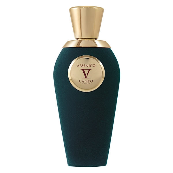 V Canto - Arsenico eleganter Flakon mit samtigem, dunkelgrünem Mantel und goldenem Verschluss vor weißem Hintergrund