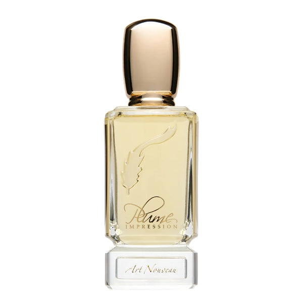 Plume Impression - Art Nouveau Parfumflakon mit goldfarbenem Verschluss und klarer Glasflasche vor weißem Hintergrund