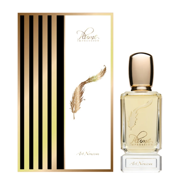 Plume Impression - Art Nouveau Parfumflakon mit goldfarbenem Verschluss und eleganter Feder-Dekoration vor weißem Hintergrund