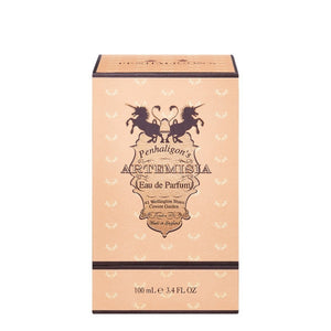 Penhaligon's Artemisia Eau de Parfum box in soft peach with black unicorn emblem and elegant vintage typography on white background