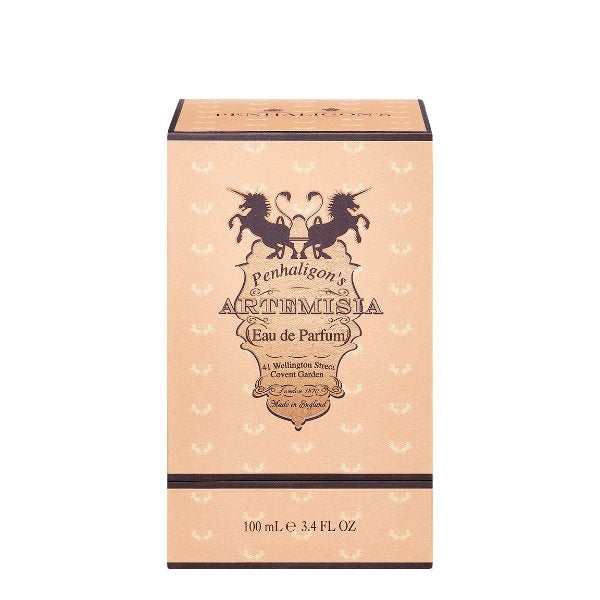 Penhaligon's Artemisia Eau de Parfum box in soft peach with black unicorn emblem and elegant vintage typography on white background