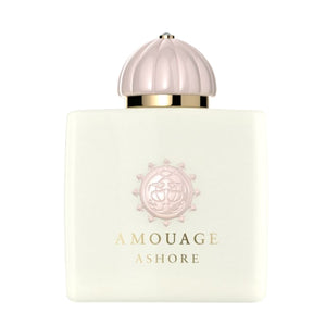 Amouage - Renaissance Collection - Ashore eleganter weißer Flakon mit zartrosafarbener Kappe vor weißem Hintergrund