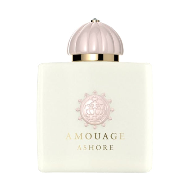 Amouage - Renaissance Collection - Ashore eleganter weißer Flakon mit zartrosafarbener Kappe vor weißem Hintergrund