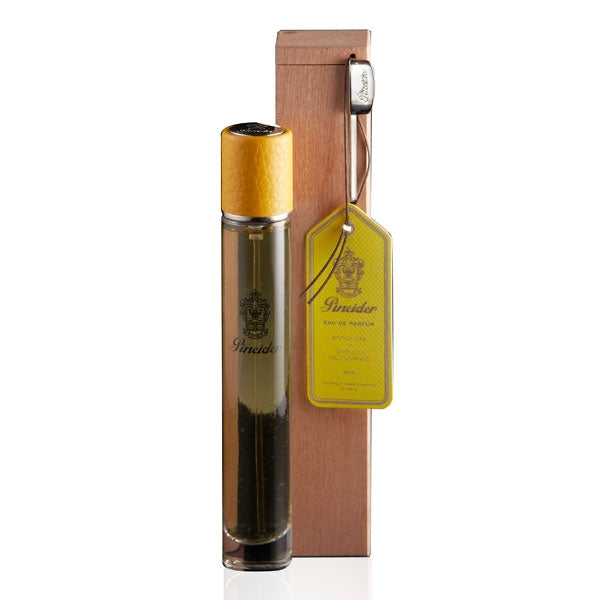 Pineider - Assoluta di Neroli e Gelsomino schlanker Parfumflakon mit gelbem Holzverschluss und passender Geschenkbox