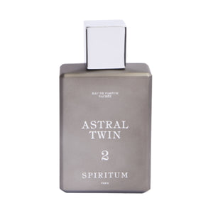 Spiritum - 2 - Astral Twin Parfumflakon in mattem Grau mit weißem quadratischem Verschluss vor weißem Hintergrund
