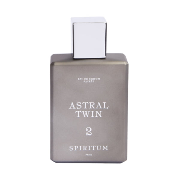 Spiritum - 2 - Astral Twin Parfumflakon in mattem Grau mit weißem quadratischem Verschluss vor weißem Hintergrund