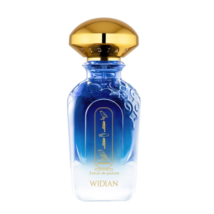 Widian - Sapphire Collection - Aswan Parfumflakon in blauem Glas mit goldfarbenem Verschluss und ägyptischen Symbolen auf weißem Hintergrund
