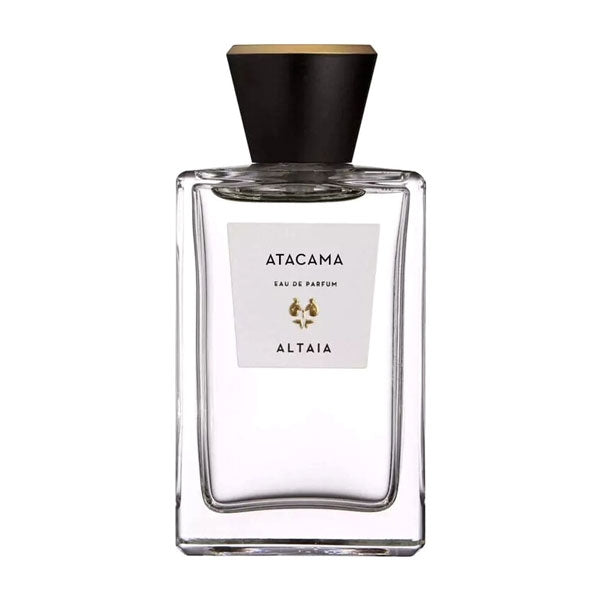 Altaia - Atacama Parfumflakon klar mit schwarzem Verschluss und schlichtem Etikett vor weißem Hintergrund