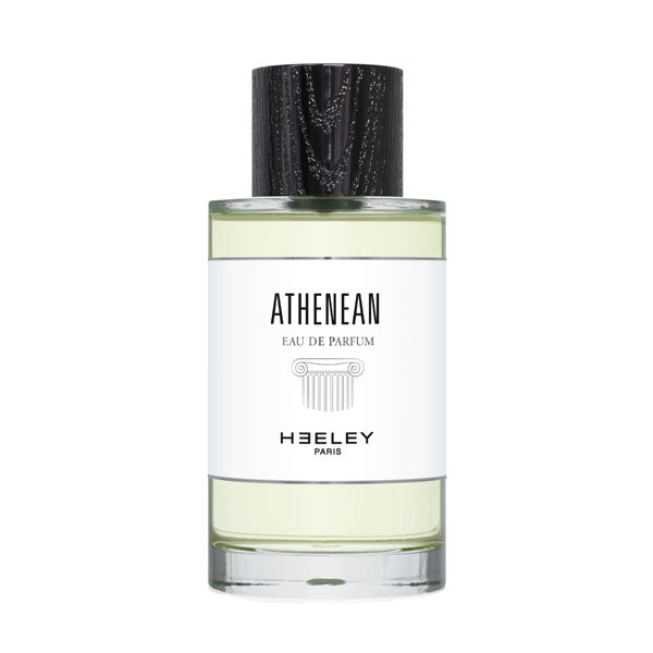 Heeley - Athenean Parfumflakon mit klarem Glas und schwarzem Holzverschluss vor weißem Hintergrund