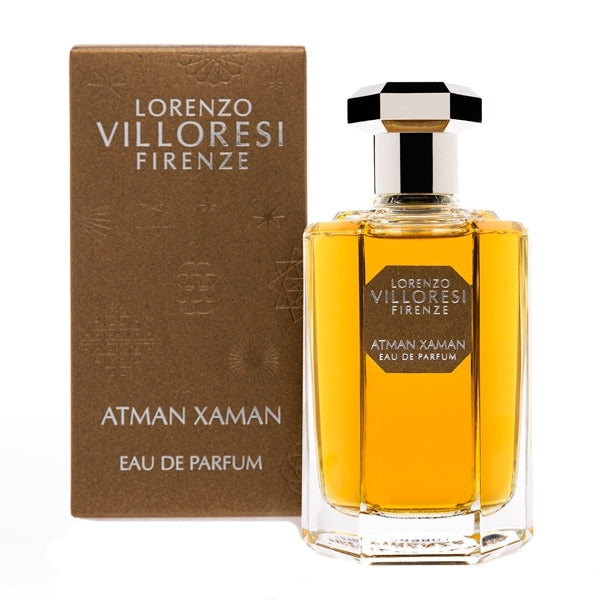Lorenzo Villoresi - Atman Xaman Parfumflakon mit bernsteinfarbener Flüssigkeit und edler Verpackung in schlichtem Design