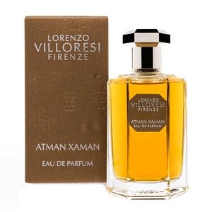 Lorenzo Villoresi - Atman Xaman Parfumflakon mit bernsteinfarbener Flüssigkeit und edler Verpackung in schlichtem Design