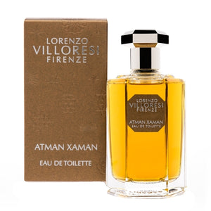 Lorenzo Villoresi - Atman Xaman - EDT Parfumflakon mit bernsteinfarbener Flüssigkeit und brauner Verpackung in elegantem Design