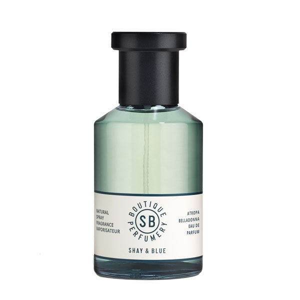 Shay & Blue - Atropa Belladona Parfumflakon mit klarem grünem Duft und schwarzem Verschluss vor weißem Hintergrund