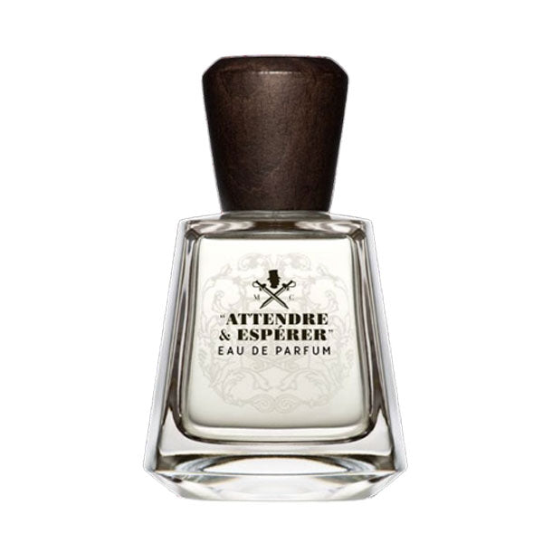Frapin - Attendre & Espérer eleganter klarer Flakon mit braunem Holzverschluss und dezentem Etikett vor weißem Hintergrund