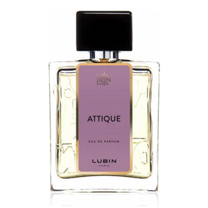 Lubin - Attique Parfumflakon mit klarem Glas und lila Etikett sowie schwarzem Verschluss vor weißem Hintergrund
