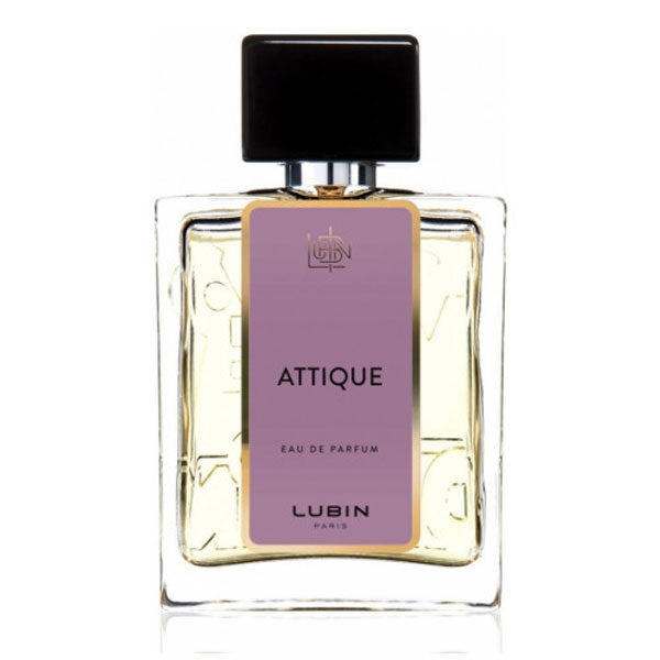 Lubin - Attique Parfumflakon mit klarem Glas und lila Etikett sowie schwarzem Verschluss vor weißem Hintergrund