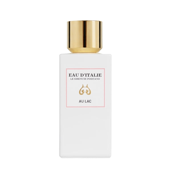Eau d'Italie - Au Lac eleganter weißer Flakon mit goldenem Verschluss und minimalistischem Etikett vor weißem Hintergrund