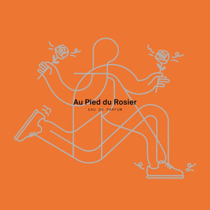 Marie Jeanne - Au Pied du Rosier zeigt moderne Linienzeichnung einer laufenden Figur mit Rosen auf warmem orangenem Hintergrund