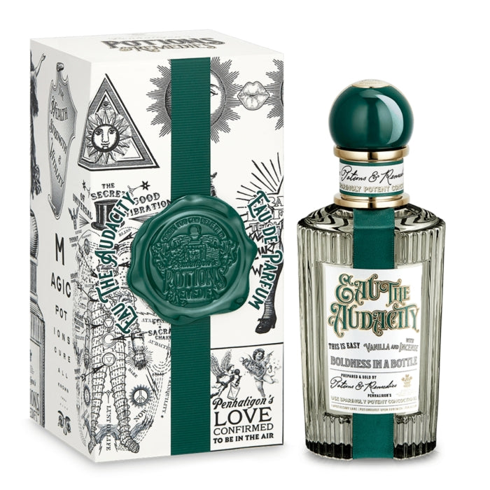 Penhaligon's - Potions & Remedies - Eau the Audacity Flakon mit grünem Verschluss und detaillierter Verpackung im Vintage-Stil