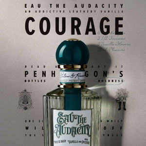 Penhaligon's - Potions & Remedies - Eau the Audacity Flakon mit tiefgrünem Verschluss und goldenen Details vor Schriftmotiv Courage