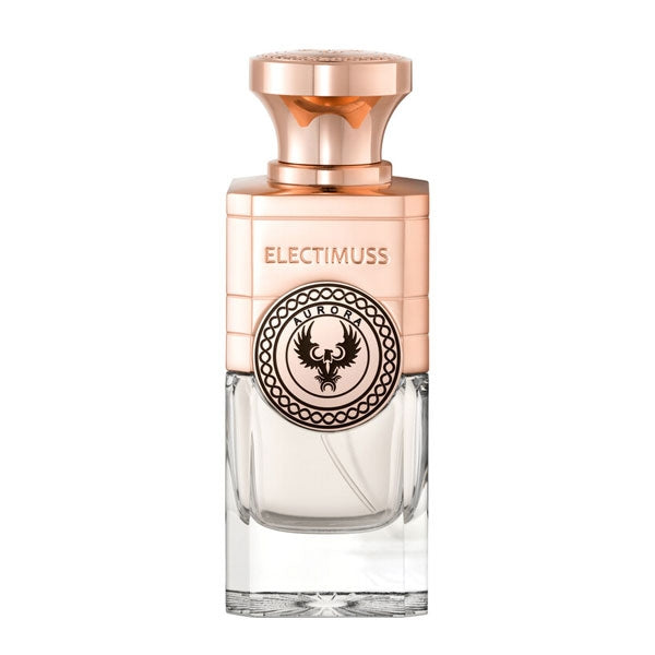 Electimuss - Aurora edler Flakon mit roségoldenem Verschluss und klarer Glasflasche auf weißem Hintergrund