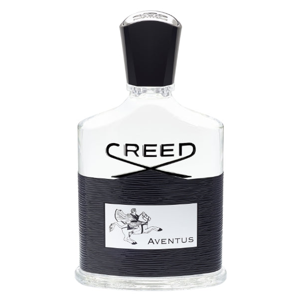 Creed - Aventus Parfumflakon mit markantem Reiter-Motiv und elegantem schwarzen Lederumschlag am unteren Teil
