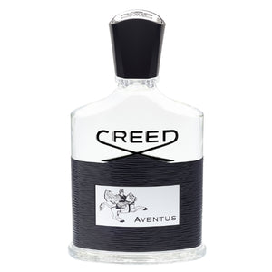 Creed - Aventus Parfumflakon mit markantem Reiter-Motiv und elegantem schwarzen Lederumschlag am unteren Teil