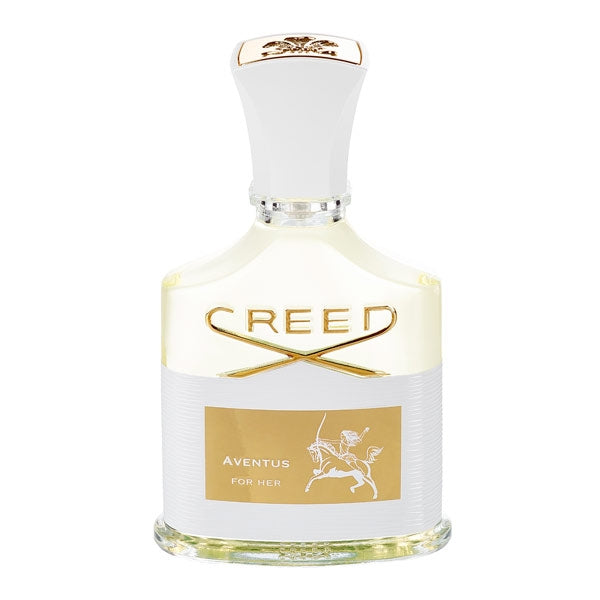 Creed - Aventus for Her edler Flakon mit weißem Verschluss und goldfarbenem Label vor weißem Hintergrund