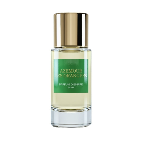 Parfum d'Empire - Azemour Les Orangers klarer Glasflakon mit grünem Etikett und goldenem Verschluss vor weißem Hintergrund