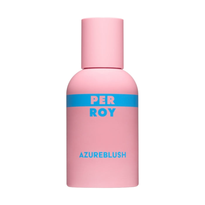 Perroy Parfum - Azure Blush minimalistische rosa Flasche mit blauem Schriftzug und modernem, femininem Design vor weißem Hintergrund