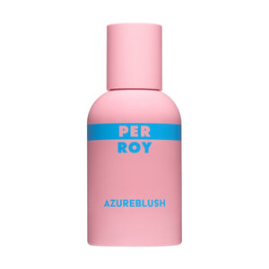 Perroy Parfum - Azure Blush minimalistische rosa Flasche mit blauem Schriftzug und modernem, femininem Design vor weißem Hintergrund