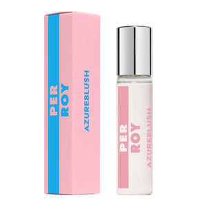 Perroy Parfum - Azure Blush kleiner Flakon mit silbernem Deckel und pastellrosa Etikett neben passender Verpackung