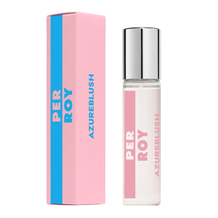 Perroy Parfum - Azure Blush kleiner Flakon mit silbernem Deckel und pastellrosa Etikett neben passender Verpackung