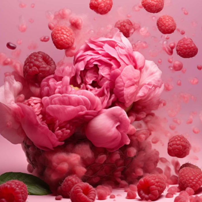 Perroy Parfum - Azure Blush mit sinnlichen rosa Blüten und fruchtigen Himbeeren vor zartem rosafarbenem Hintergrund