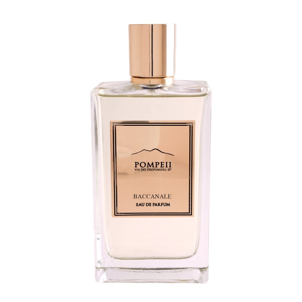 Pompeii - Baccanale Parfumflakon mit klarer Glasflasche und goldenem Etikett vor weißem Hintergrund